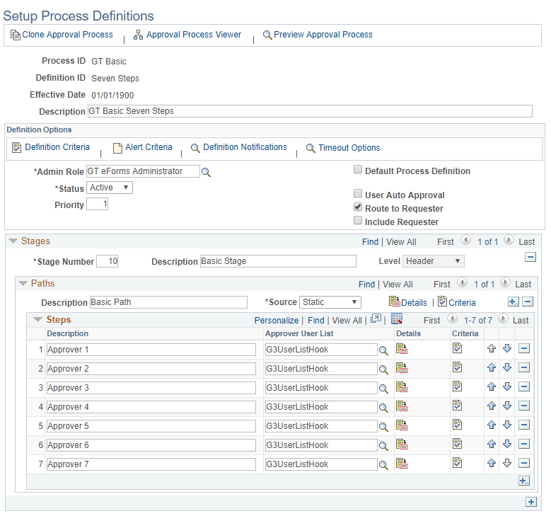 A screnshot of the Setup Process Definitions menu