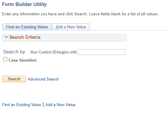 A screenshot of the search page that appears when a user opens the Form Builder Utility