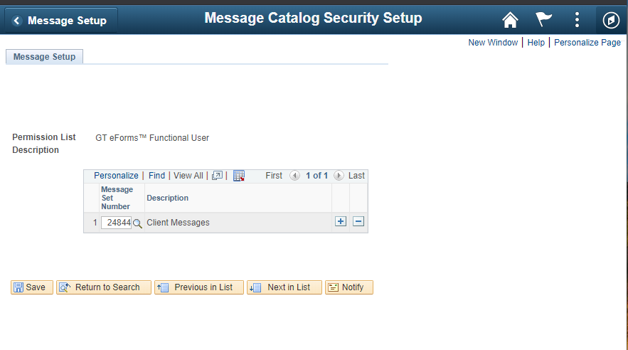 Screen shot of Message Catalog Security Setup