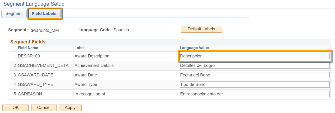 A screenshot of the menu that allows users to provide translations for Field Labels in an eForm segment