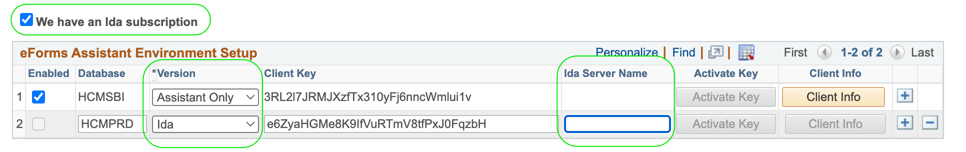 A Screenshot showing the values that need to be configured when you have an Ida Subscription