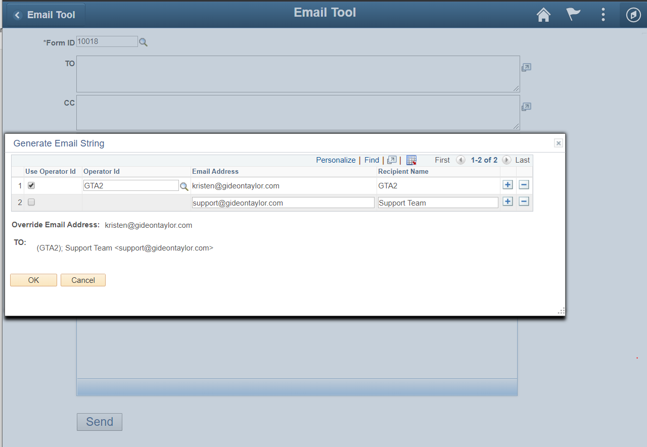 A screenshot showing the Email String modal window that appears in the Email Tool