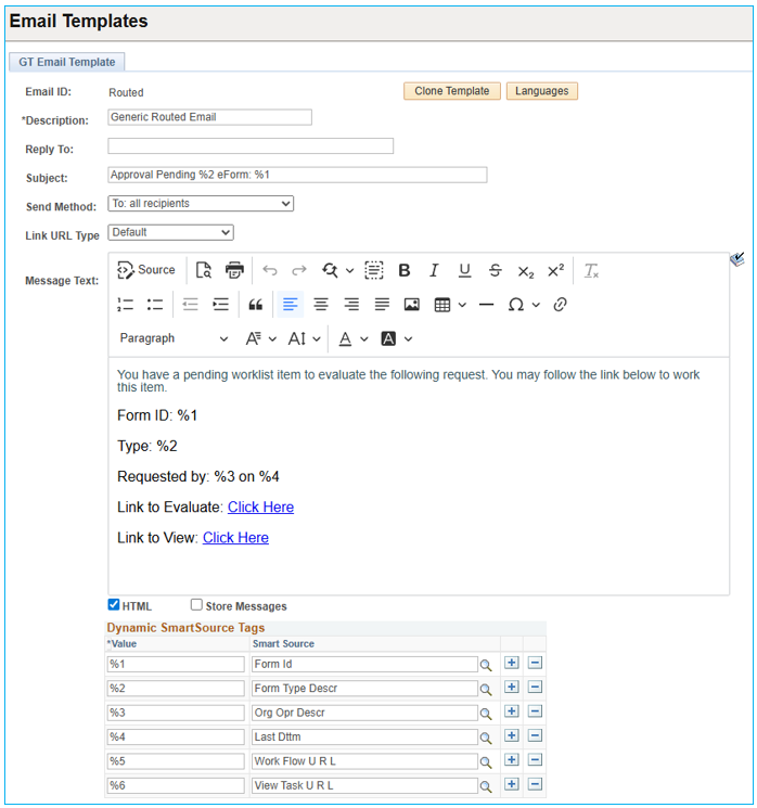 A screenshot of an example Email Template setup