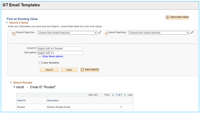 A screenshot of the Email Template existing search page