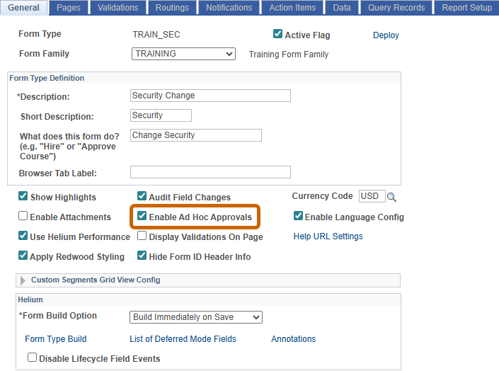 Screenshot "Enable Ad Hoc Approvals" on the General Tab of Form Setup