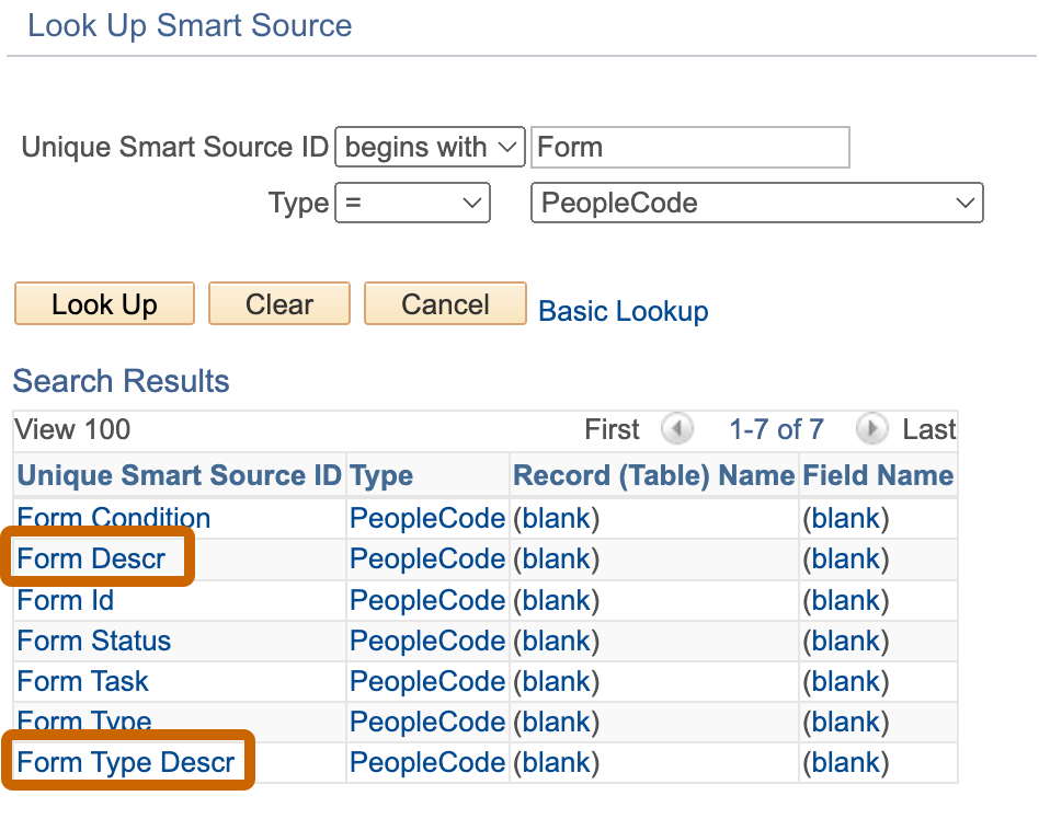 A screenshot showing how both &#39;Form Descr&#39; and &#39;Form Type Descr&#39; appeared in searches