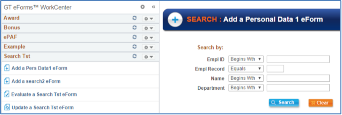 Screenshot of Add a Personal Data 1 eForms Search