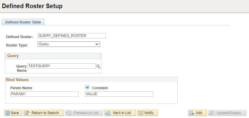 Screenshot of Query Defined Roster Setup 