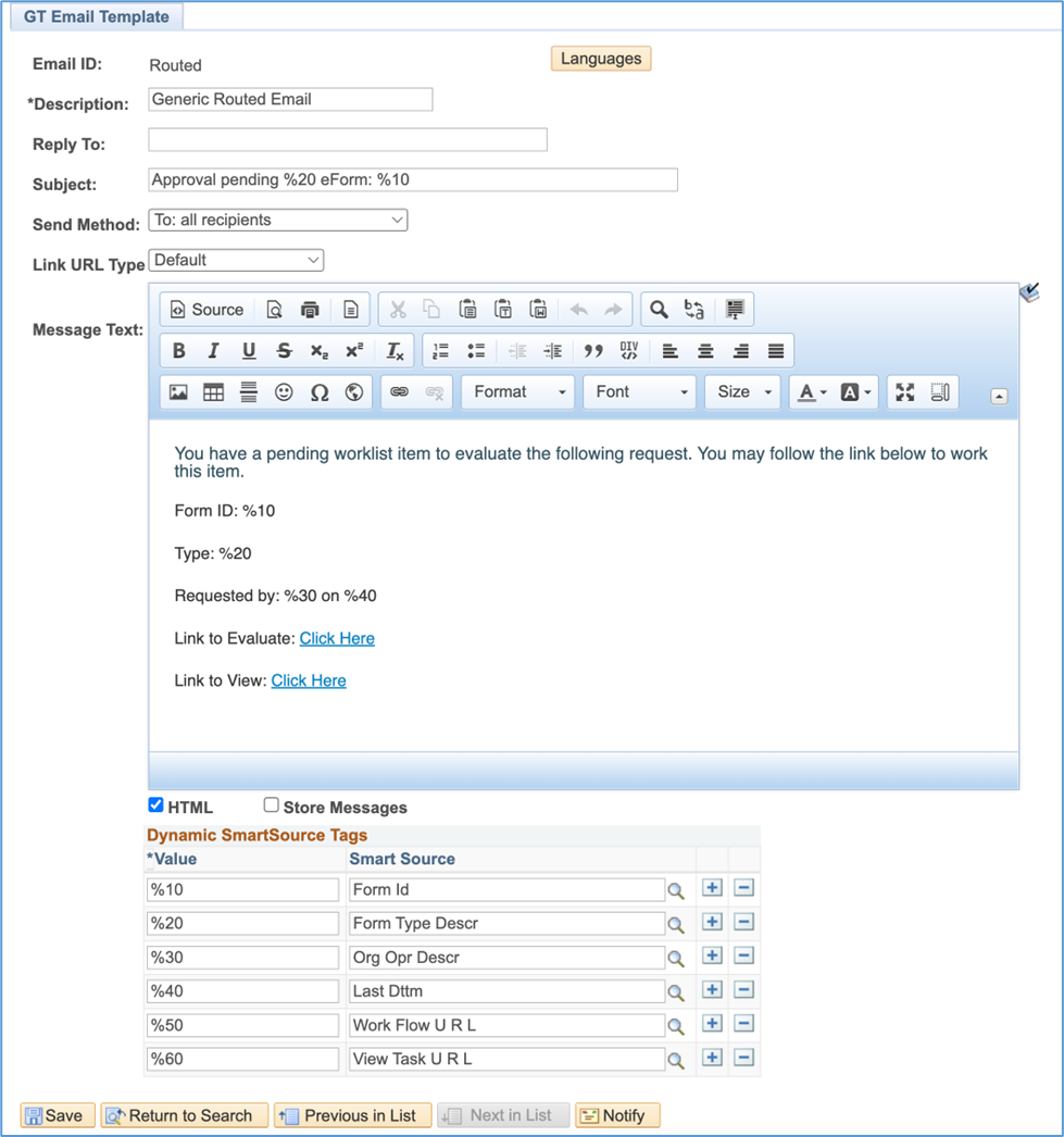 A screenshot of the Email Template setup