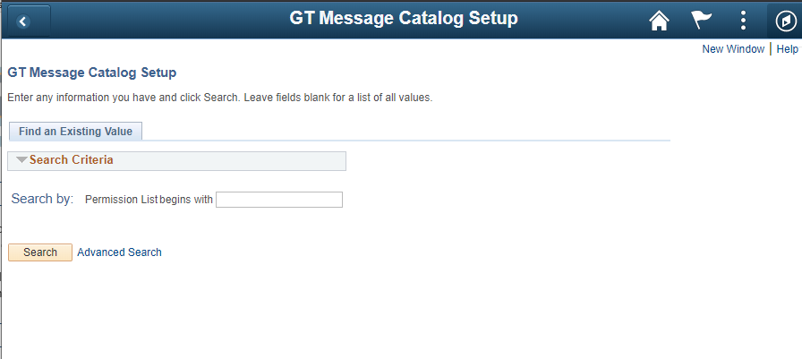 Screen shot of GT Message Catalog Setup Search page