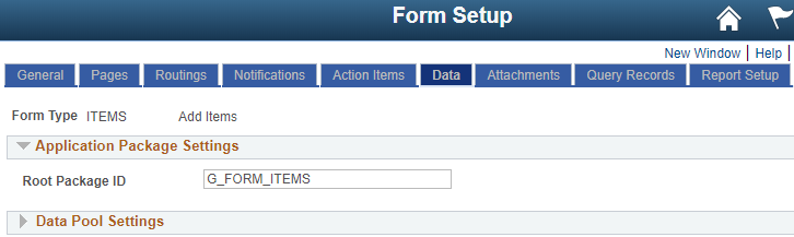 A screenshot of the Data tab on Form Setup with the Application Package Settings section expanded and the name of the app package added to the Root Package ID field