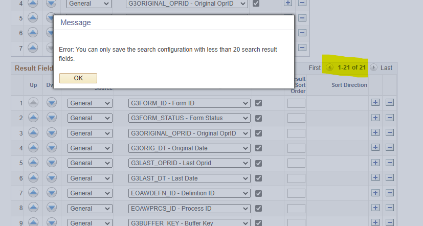 A screenshot showing an error message that tells users of a field limit in Search Configuration