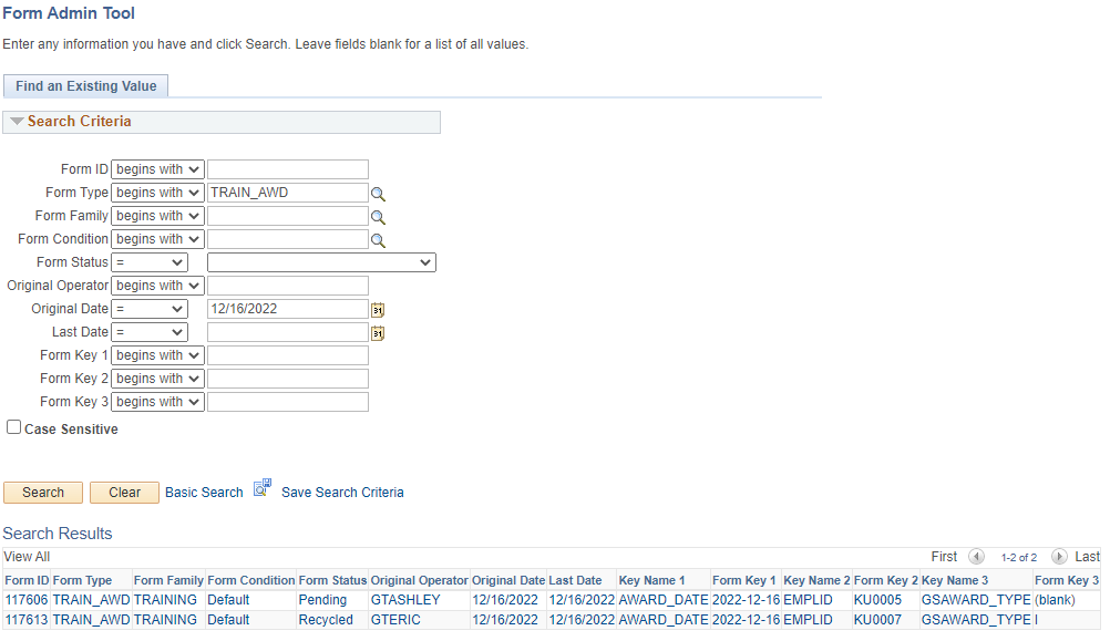 A screenshot of the improved Form Admin Tool search menu