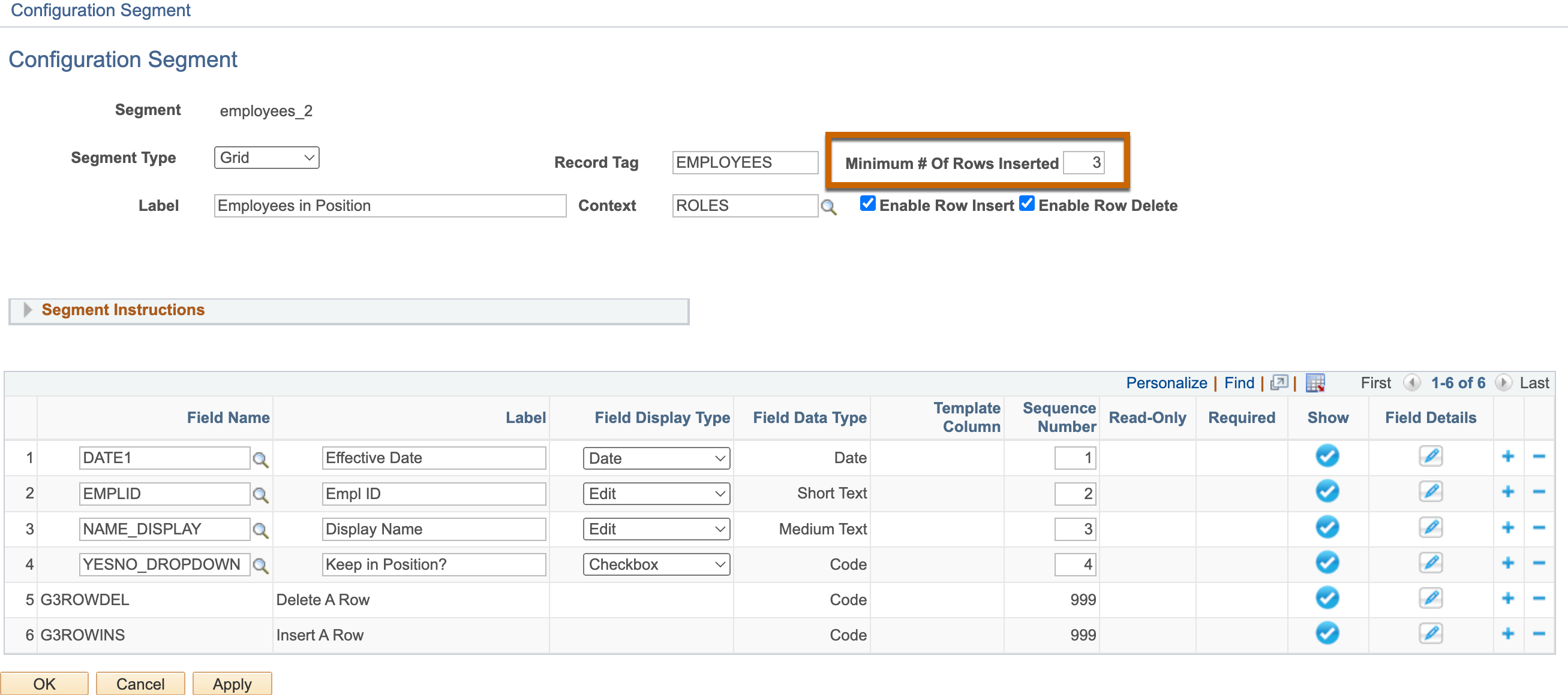 A screenshot highlighting the &#39;Minimun # of rows inserted&quot; field