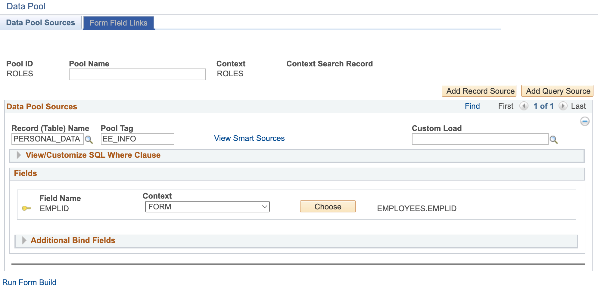 A screenshot showing an example Data Pool setup for populating a grid with information about the employee starting the form