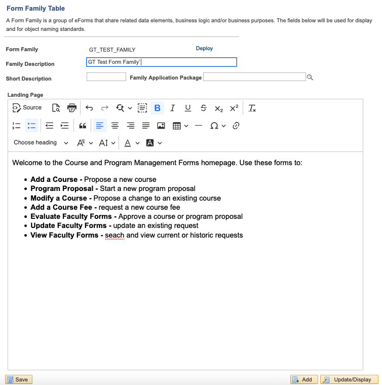 A screenshot of the form family table with landing page details