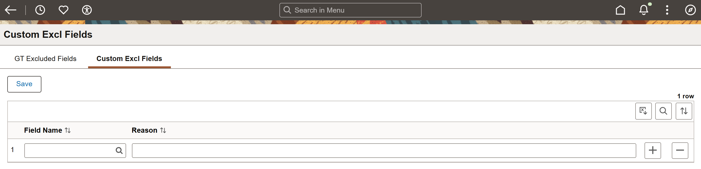 A screenshot of the Custom Excl Fields page