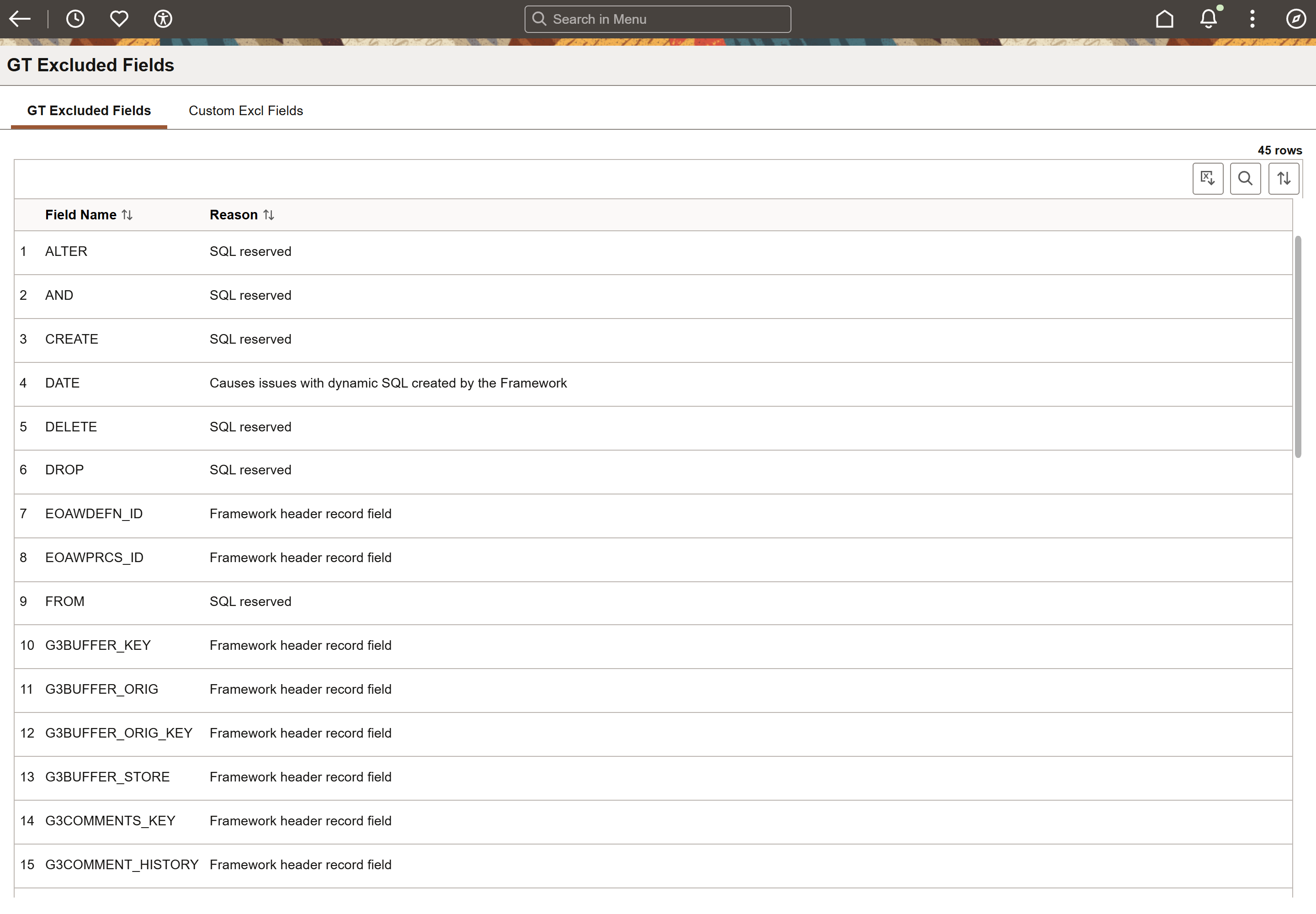 A screenshot of the GT Excluded Fields page