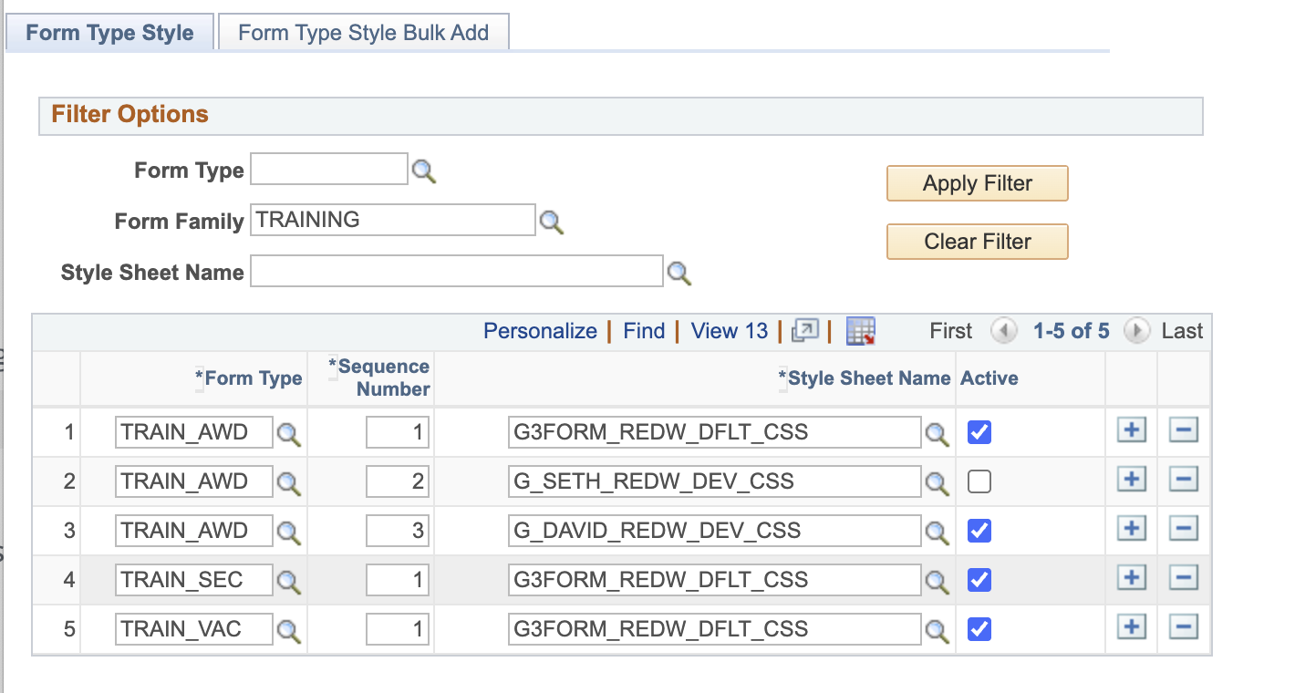 A screenshot of the Form Type Styles setup page