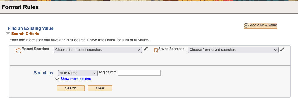 A screenshot of the Format Rule Search Page