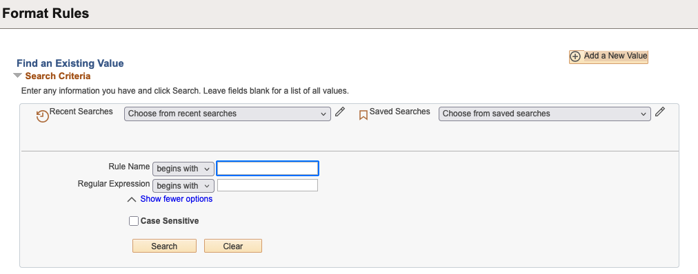 A screenshot of the Format Rule Search Page