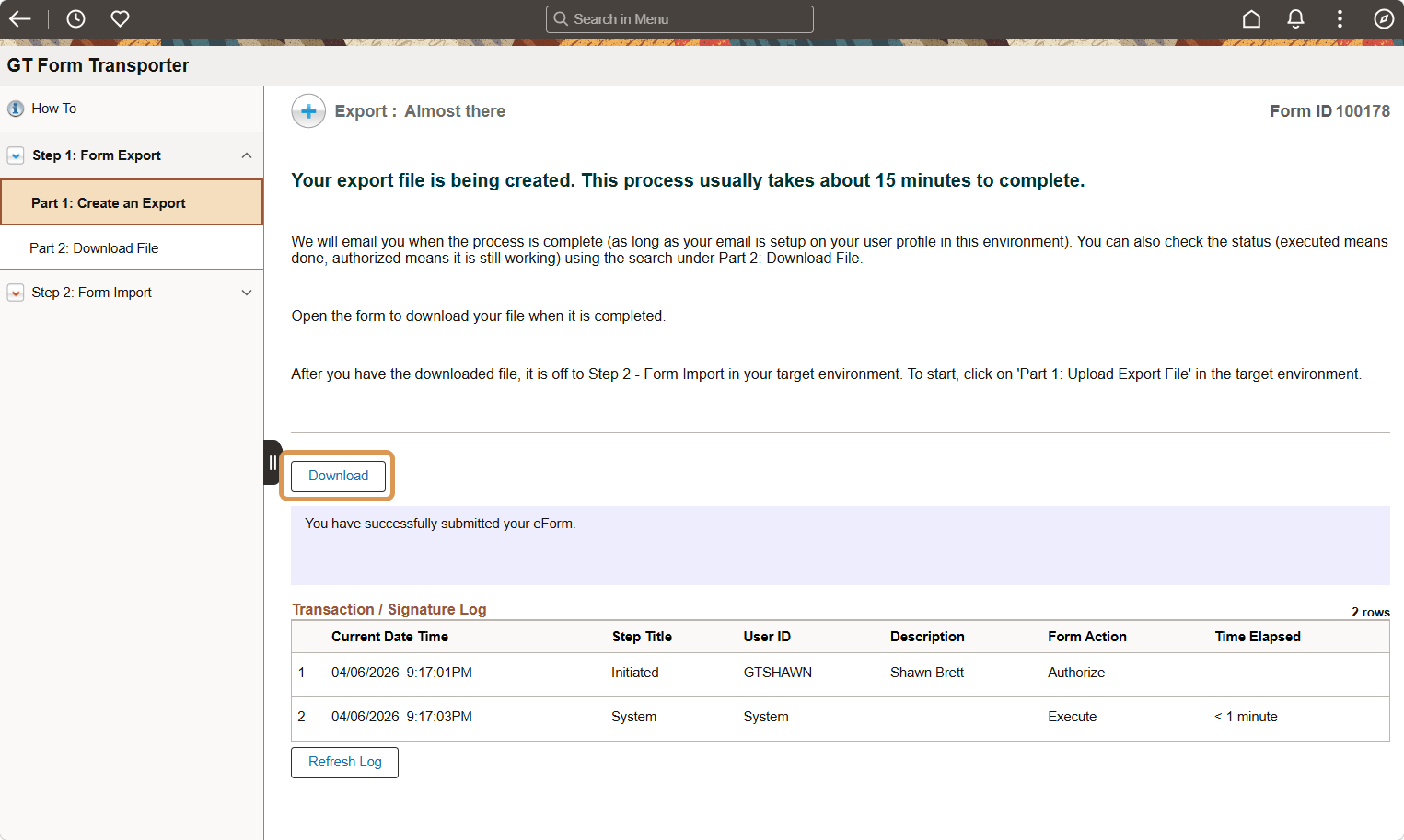 A screenshot of the transporter export window