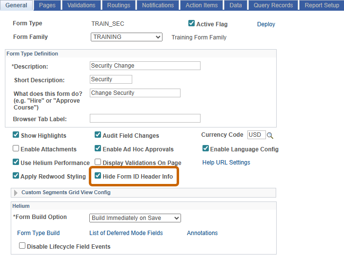 A screenshot of the General Tab of Form Setup with the 'Hide Form ID Header Info' checkbox activated