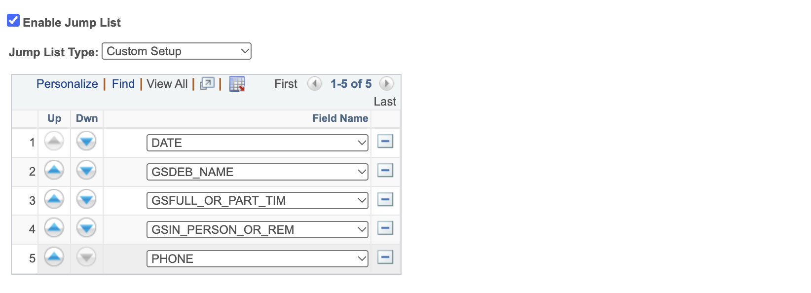 A screenshot of the Jump List tab with Custom Setup and five fields selected