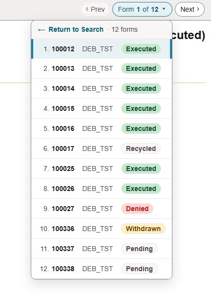 A screenshot of the Jump List dropdown open on a form, showing twelve forms with their status