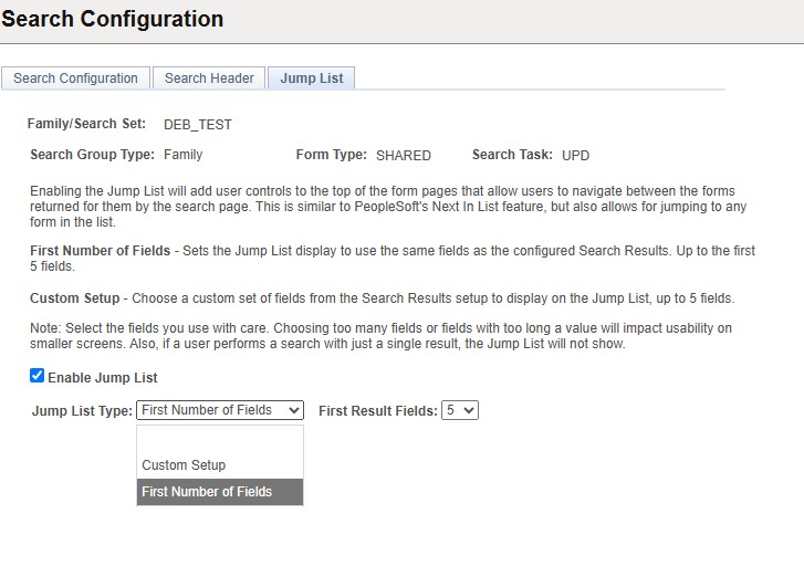 A screenshot of the Jump List tab in Search Configuration with First Number of Fields selected