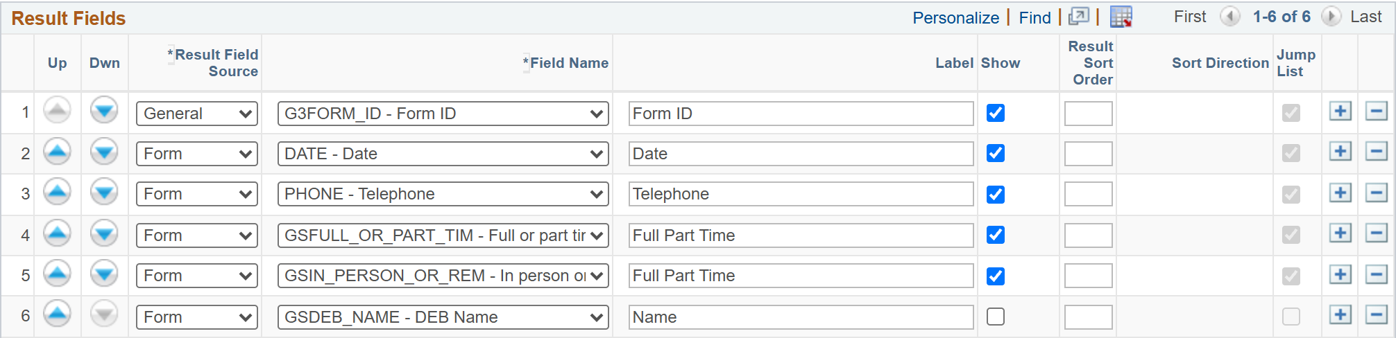 A screenshot of the Search Configuration tab, with the Jump List column in the Result Fields grid