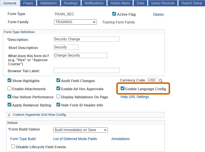 A screenshot of the General Tab of Form Setup with the 'Enable Language Config' checkbox activated