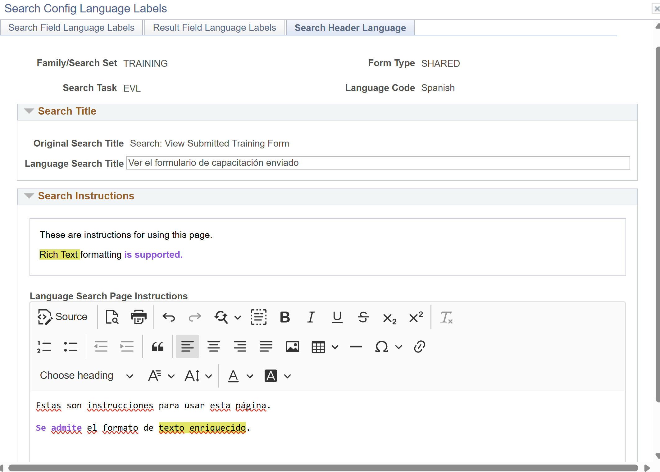 a screenshot show the language setup for header title and instructions