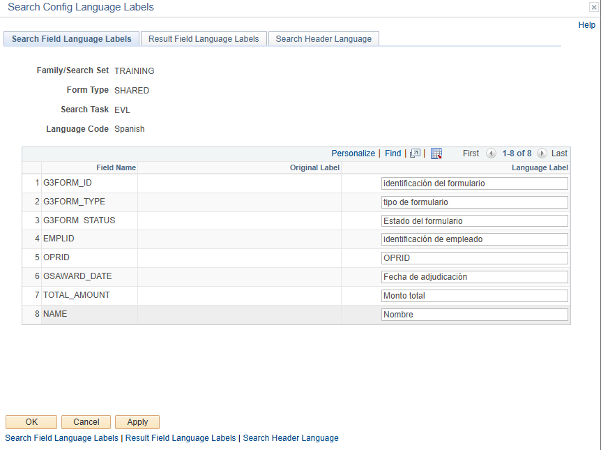 a screenshot show the language set up for field labels