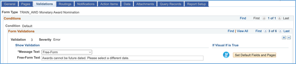 A screenshot of the validations tab with a Free-Form message validation configured.