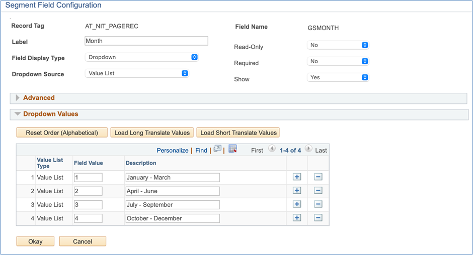 A screenshot of the dropdown values in a dropdown setup menu