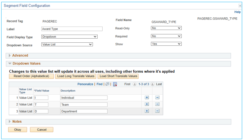 A screenshot of the dropdown values in a dropdown setup menu