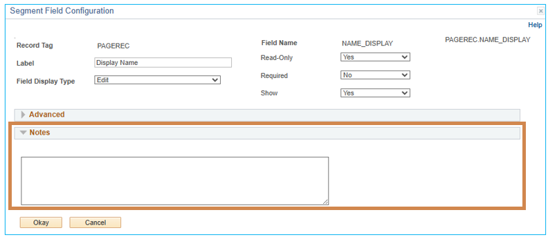 A screenshot of the Notes field on the field details page