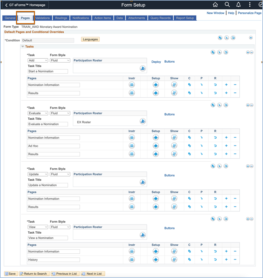 A screenshot of the Pages Tab in Form Setup