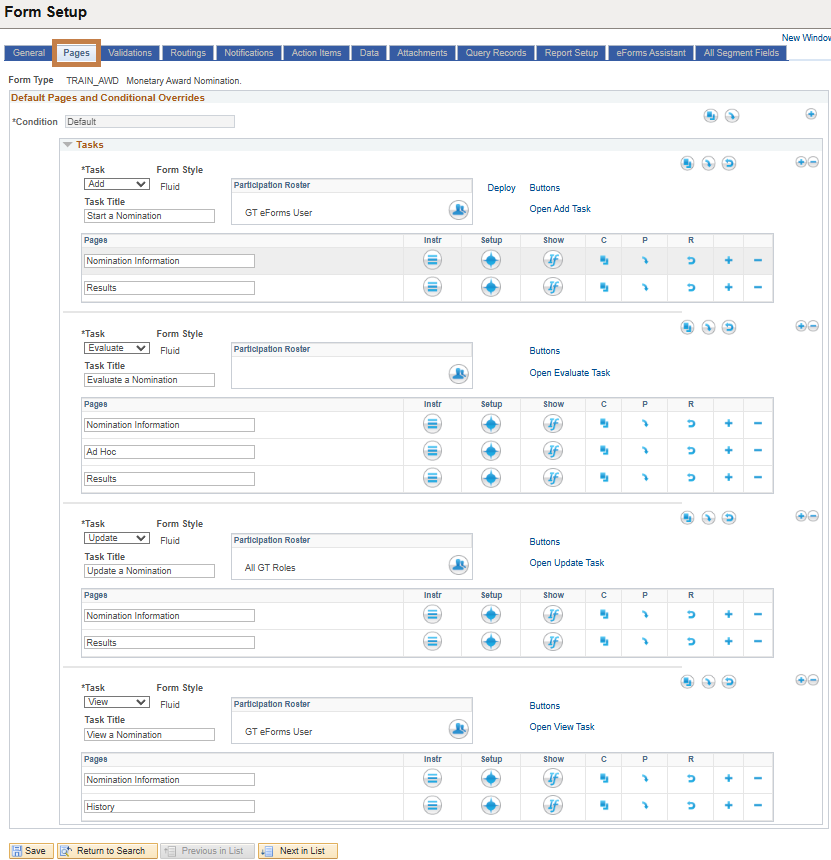 A screenshot of the Pages Tab in Form Setup