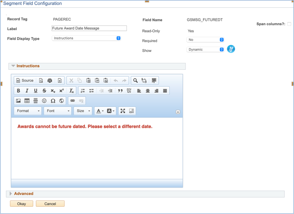 A screenshot of the setup meny for an instruction field