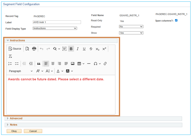 A screenshot of the setup meny for an instruction field