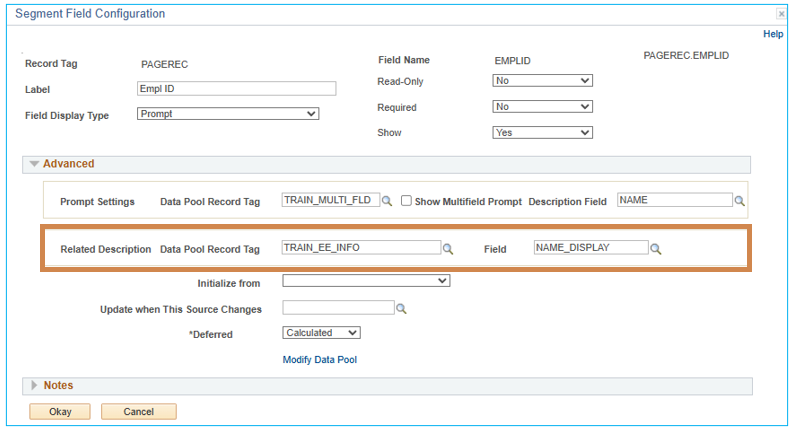 A screenshot of the 'related description' settings for a field