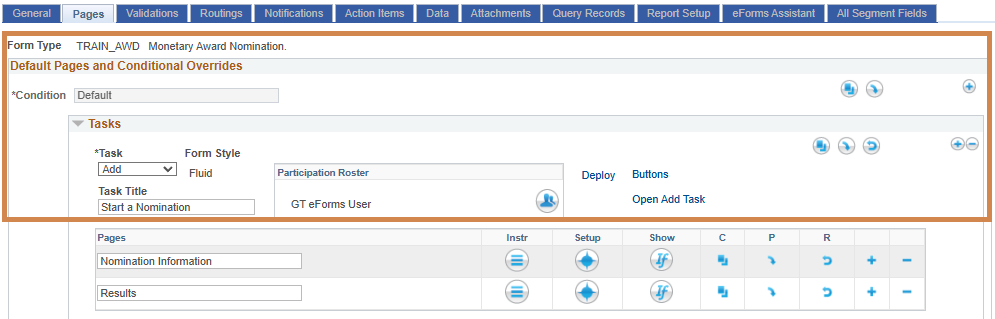 A screenshot of the top part of the Pages tab where there are condition and pages