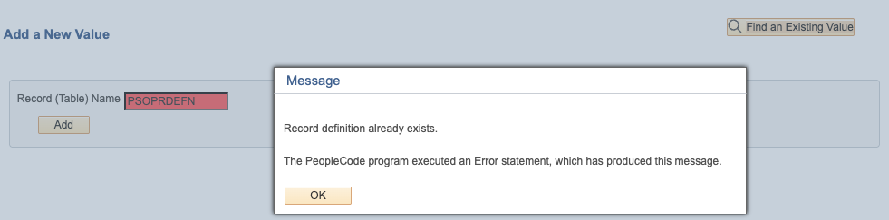 A screenshot showing the error that fires when an existing record name is reused