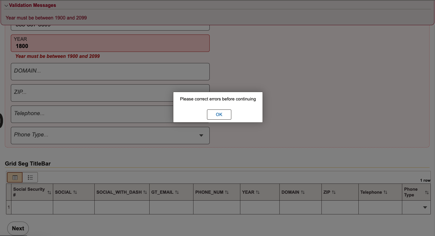 A screenshot of a regex error being triggered when next page is clicked. 
