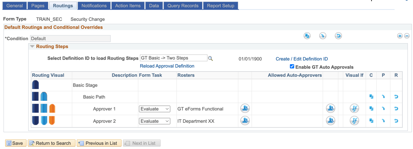 A screenshot of the Routings tab in Form Setup