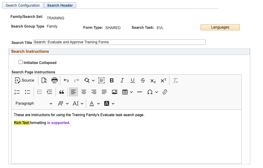 A screenshot of the Search Title and Instructions Configuration page
