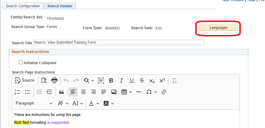 a screenshot showing the languages button on the search header tab