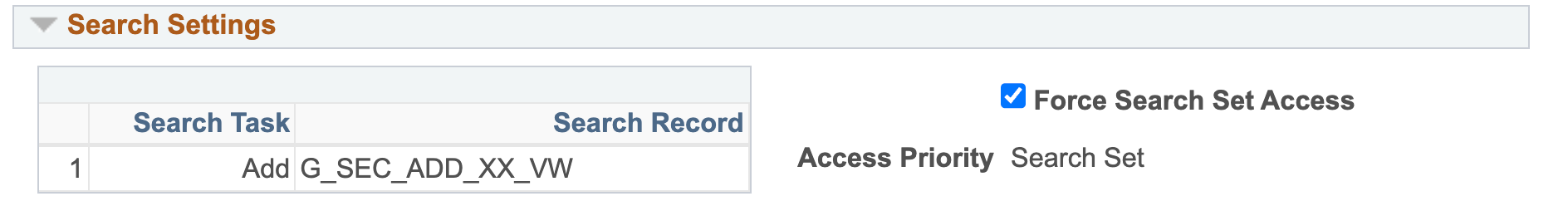 A screenshot fo the &#39;Search Settings&#39; section of the Data tab as it appears when a user has selected &#39;Search Set&#39; as the value in the &#39;Access Priority&#39; dropdown field